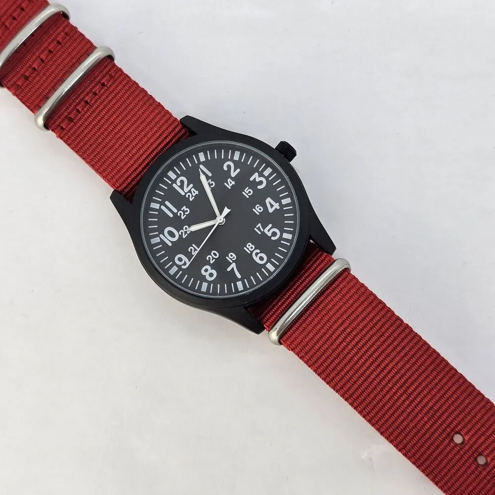 Men's Field Watch 42MM Black‎ Dial Black Case Red Canvas Band